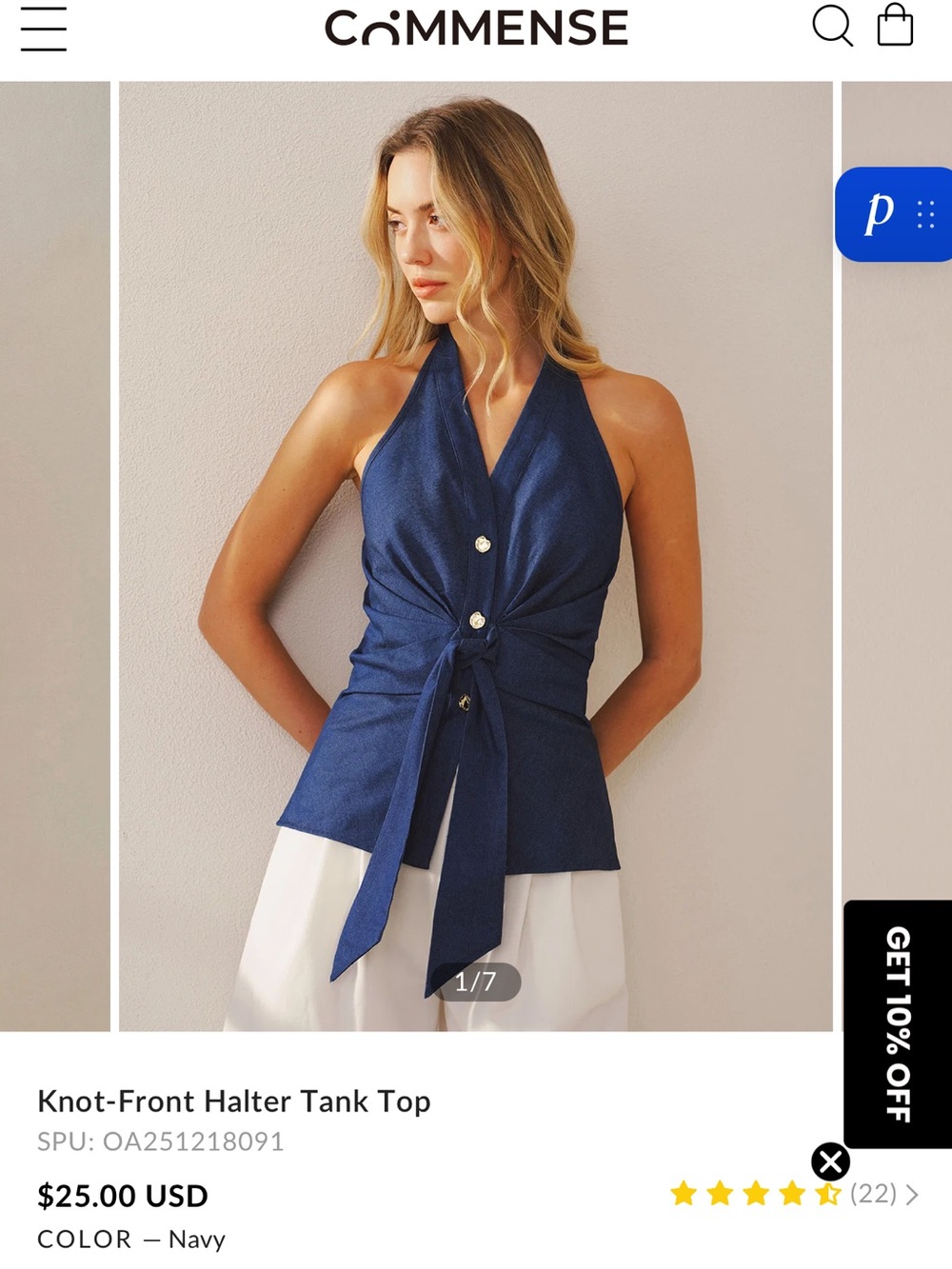 Commense Navy Knot-Front Halter Tank with Front Buttons
